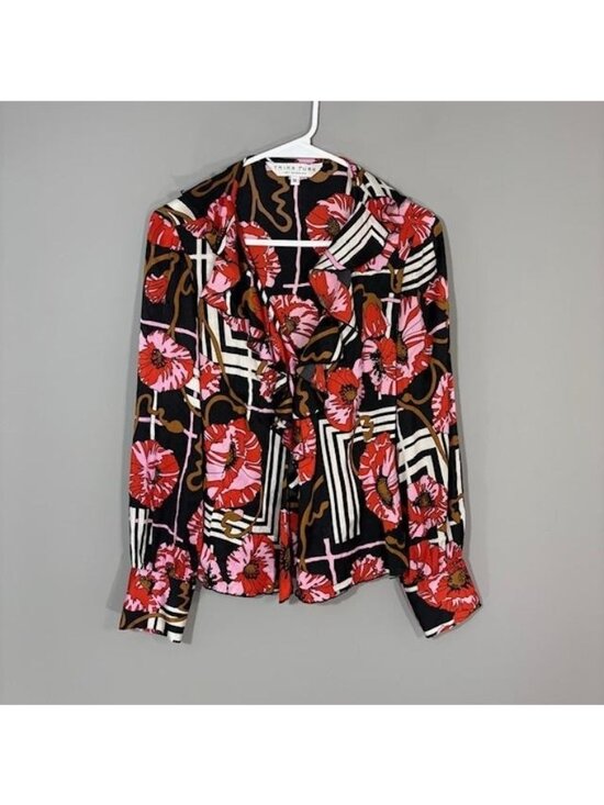Trina Turk Tops - Trina Turk Blouse Womens Medium Multicolor Floral Silk V Neck Long Sleeve Top